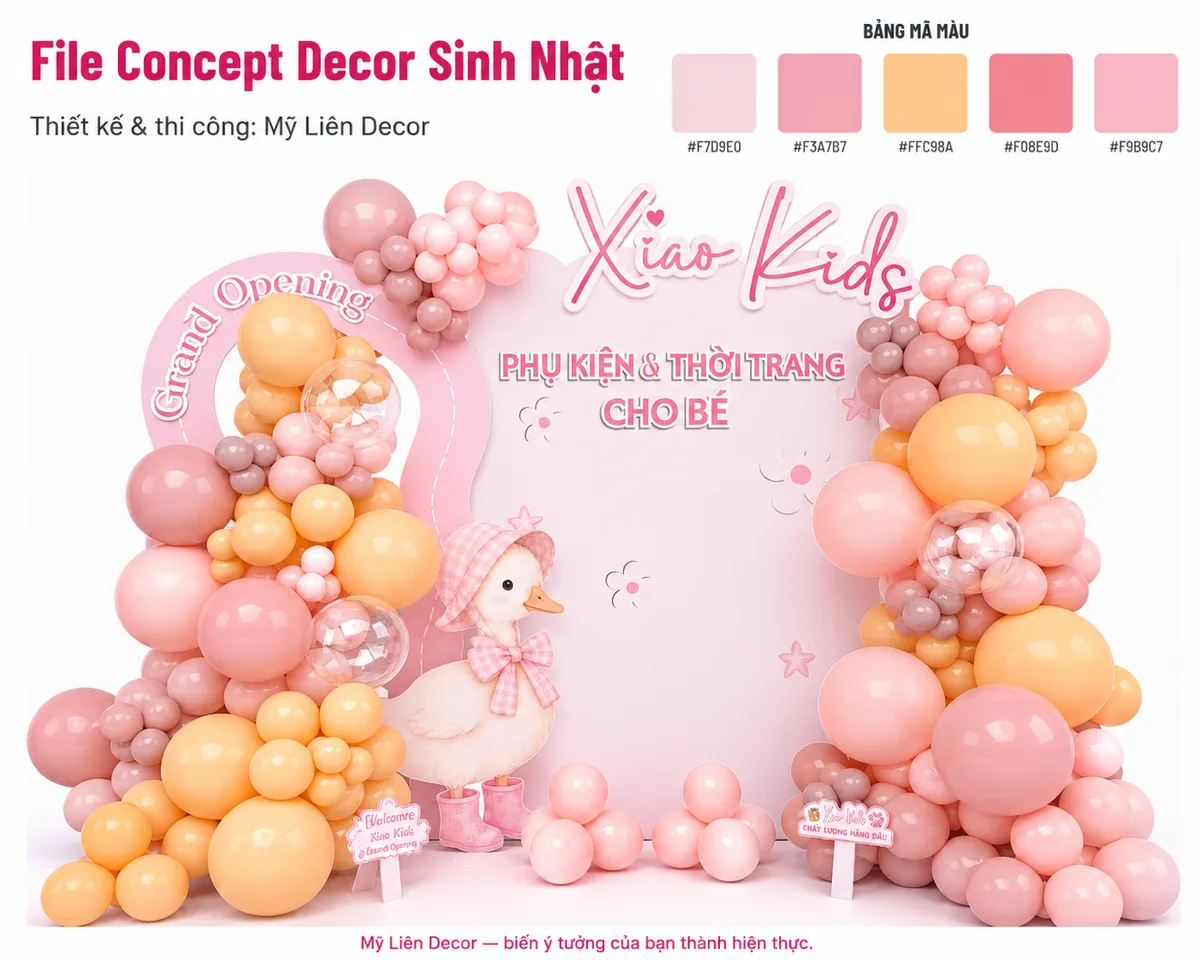 Bản concept khai trương cửa hàng phụ kiện và thời trang cho bé: backdrop hồng, cụm bong bóng hồng và cam, mô hình chú vịt