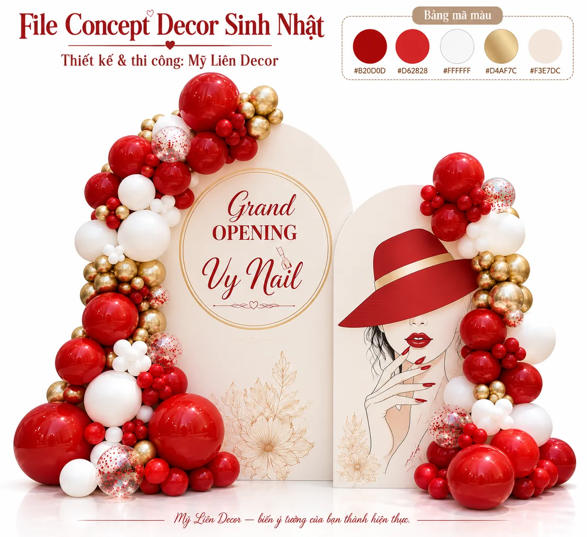 Bản concept khai trương tiệm nail: backdrop vòm màu kem, hình vẽ cô gái đội mũ đỏ, cụm bong bóng đỏ, trắng, vàng kim